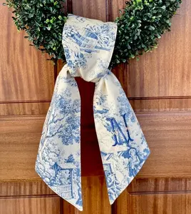 personalized blue toile wreath sash for front door, custom monogram shower gift, blue and white porch bow, chinoiserie wedding swag