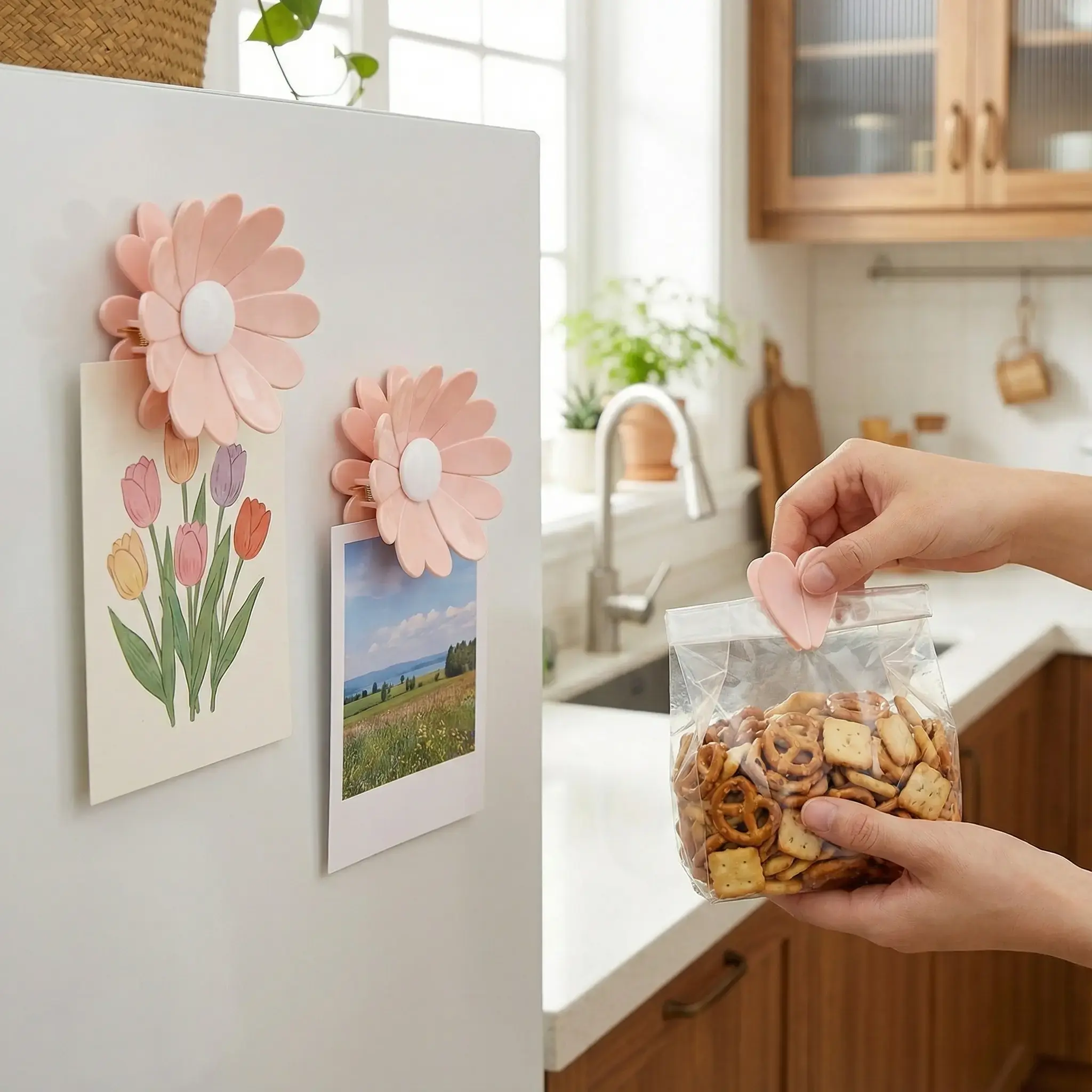 Lovely Kitchen Decor Gift: Cherry Blossom Fridge Magnetic Chip Clips Set Including 6 Bag Sealing Clips & 1 Magnetic Base, Multi-Purpose Food Holder for Snacks, Bread & Pet Food Organization