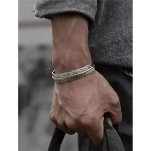 Men's Fashion Jewelry Silver Feather Adjustable Bangle Cuff Bracelet 1-268
