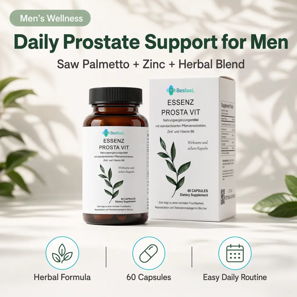 Mens Prostate Support Supplement | Besfeel Essenz Prosta Vit with Saw Palmetto & Zinc | Supports Healthy Urinary Flow & Prostate Wellness | Natural Herbal Formula for Daily Male Health | 60 Capsules