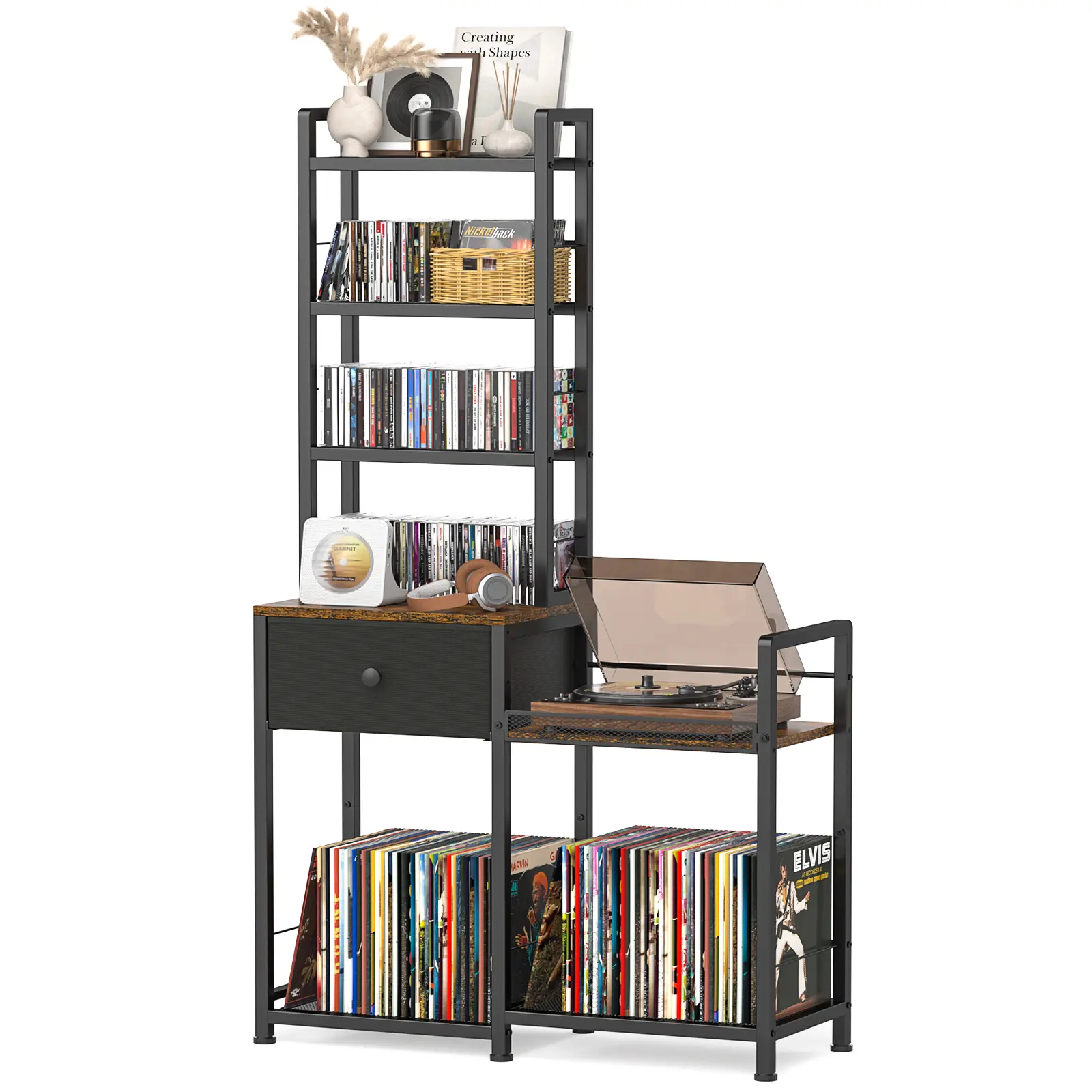 Industrial Record Player Stand with CD Storage Shelves, 3-Tier Media Organizer with Fabric Drawer, Vintage Brown Turntable Stand for Vinyl Records, Books & Media Accessories, Black Steel Frame