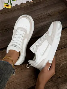 Women's Fashionable Patchwork Lace Up Sneakers, Casual Lightweight Comfortable Breathable Sports Running Shoes, All-match Basic Shoes for Daily Wear