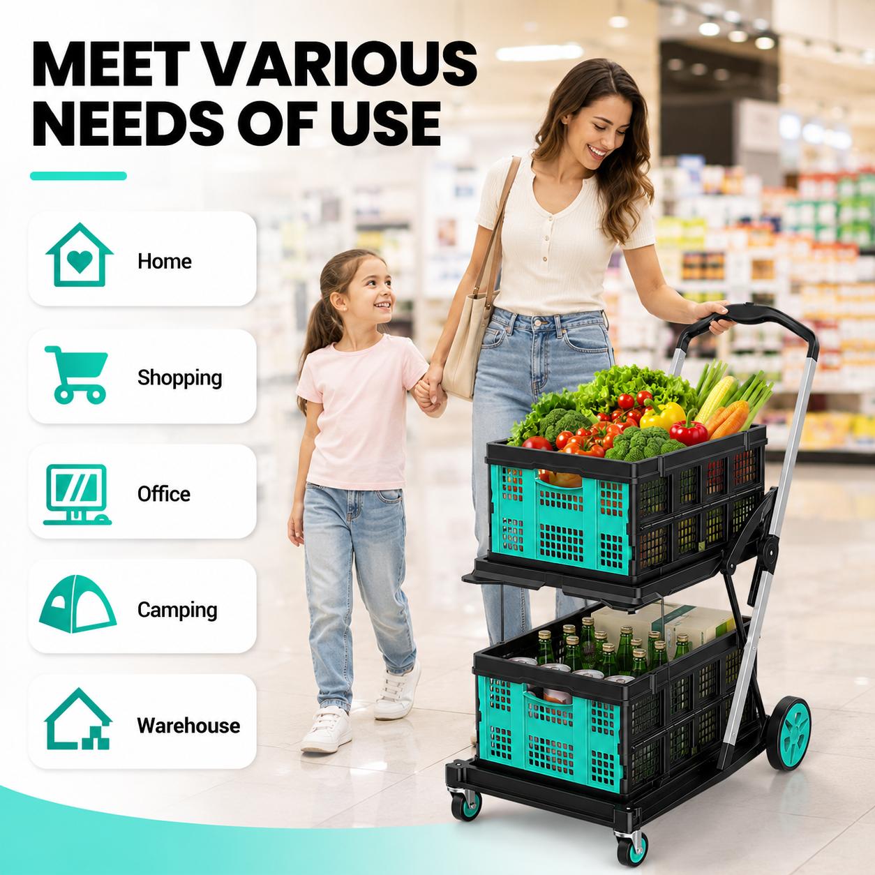 Premium Foldable Plastic Shopping Cart with Wheels, Elegant Lightweight Rolling Utility Basket for Groceries, Laundry, Travel, Camping and Home Storage, Space-Saving Portable Pull Cart