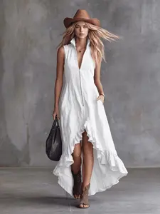 Women's Summer Lightweight Solid Color Sleeveless Retro Casual Collar Front Zipper Ruffle Hem Dress, Stylish and Comfortable Design for Daily Wear