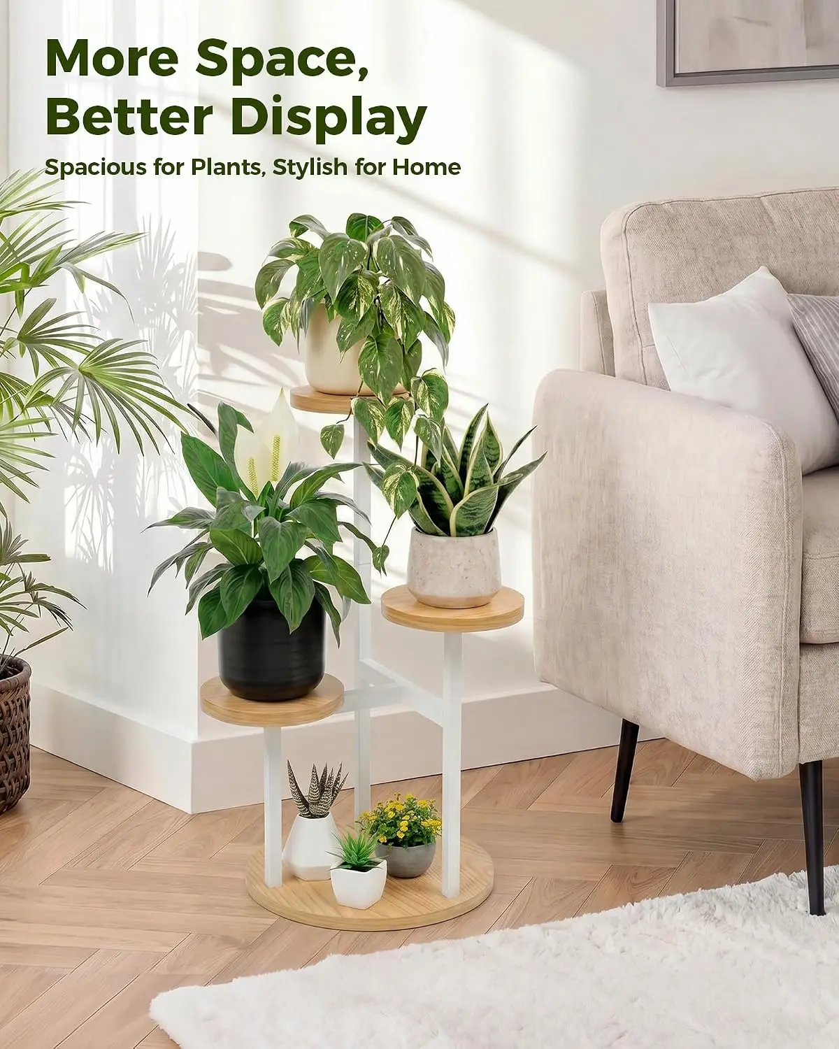 Bamworld Plant Stand Indoor Wood Plant Stand 3 Tier White | plant holders for Multiple Plants Tall Corner Plant Stands for Outdoor Living Room Patio Garden Balcony