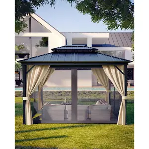 Garvee 10x14 Ft Hardtop Gazebos with Heavy Duty Double Roof, Nettings and Curtains Galvanized Steel Outdoor Gazebos for Patio, Backyard, Deck, Lawn