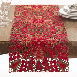 212 MAIN Lace-Like Cutwork Christmas Tree Motif Table Runner, 16x108 in. Red Oblong Shape Holiday Household Kitchen Linen, Large, Machine Washable