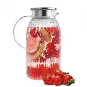 Glass Pitcher with Lid, 68 oz/ 2 Liter 2Pack Vintage Water Pitcher,Glass Water Carafe for Cold Brew, Coffee, Lemonade, Iced Tea,Beverage, Heat Resistant Jug