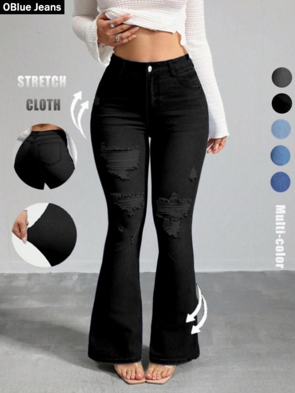 OBlue Jeans Women's Flare Leg Jeans, Casual Comfy High Waist Bell Bottom Trousers for Daily Wear, Ladies Bottoms for All Seasons, Pants