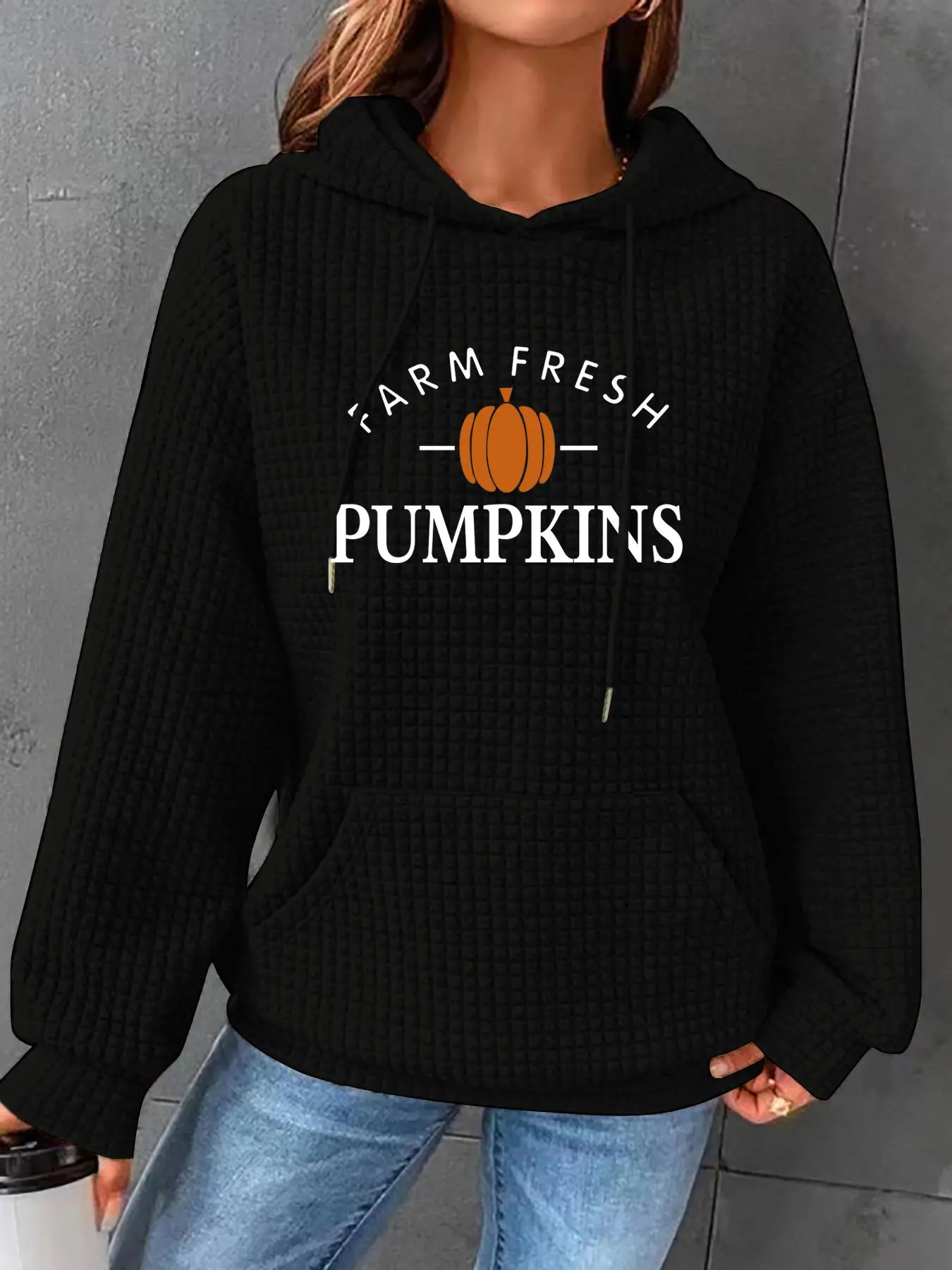 Women's Halloween Pumpkin & Letter Print Waffle Knit Hoodie, Drawstring Graphic Hoodie, Fashion Casual Drawstring Pocket Hooded Sweatshirt for Daily Holiday Outdoor Wear, Women Clothing for Fall & Winter