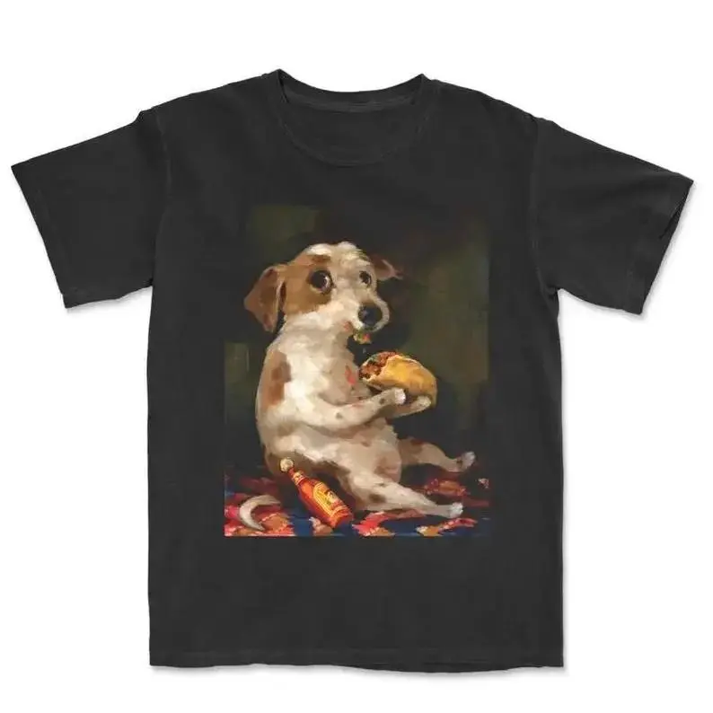 Unisex Short-Sleeve Crew Neck Sports Top - Vintage Dog Chill With Taco Graphic Tee, Classic Fit, Menswear, Standard Sizes (Refer to Size Chart), Funny Gift for Dog Lovers