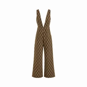 Cider Wool-look Plaid Deep V-neck Wide Leg Jumpsuit