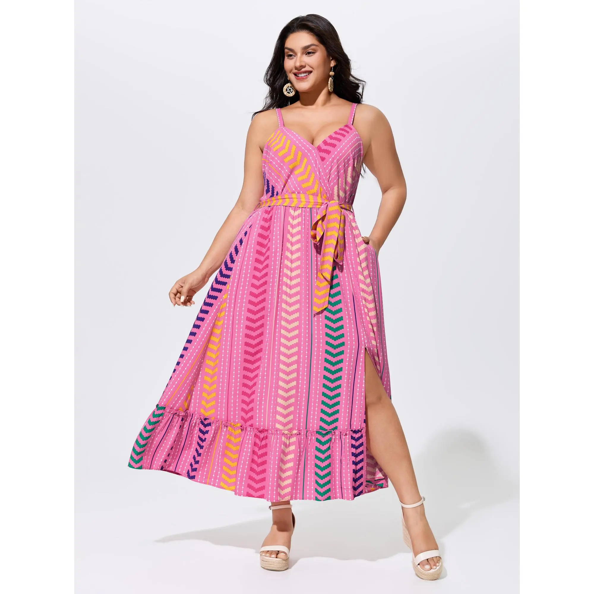 BloomChic Plus Size Bohemian Geometric Print Rayon Maxi Dress, Sleeveless Belted Summer Dress with Open Back and Side Pockets, Maxi Dress For Women