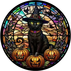 Halloween Stained Glass Black Cat Diamond Set,5D Diamond Painted Accessories Diamond Art Set,Round Full Diamond Art Set,Decoration Gifts 1/4/6pcs