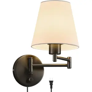 Plug in Swing Arm Wall Lamp White Fabric Shade Black Metal Adjustable Wall Sconce Modern Lighting for Bedroom Living Room Bedside