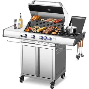 R.W.FLAME 4 Burner Gas Grill, 42,000 BTU Propane Grill, Outdoor Grills with Side Burner, Outdoor Barbecues with Stainless Steel Mesh and Plates, for Camping, Backyard, Patio and Deck