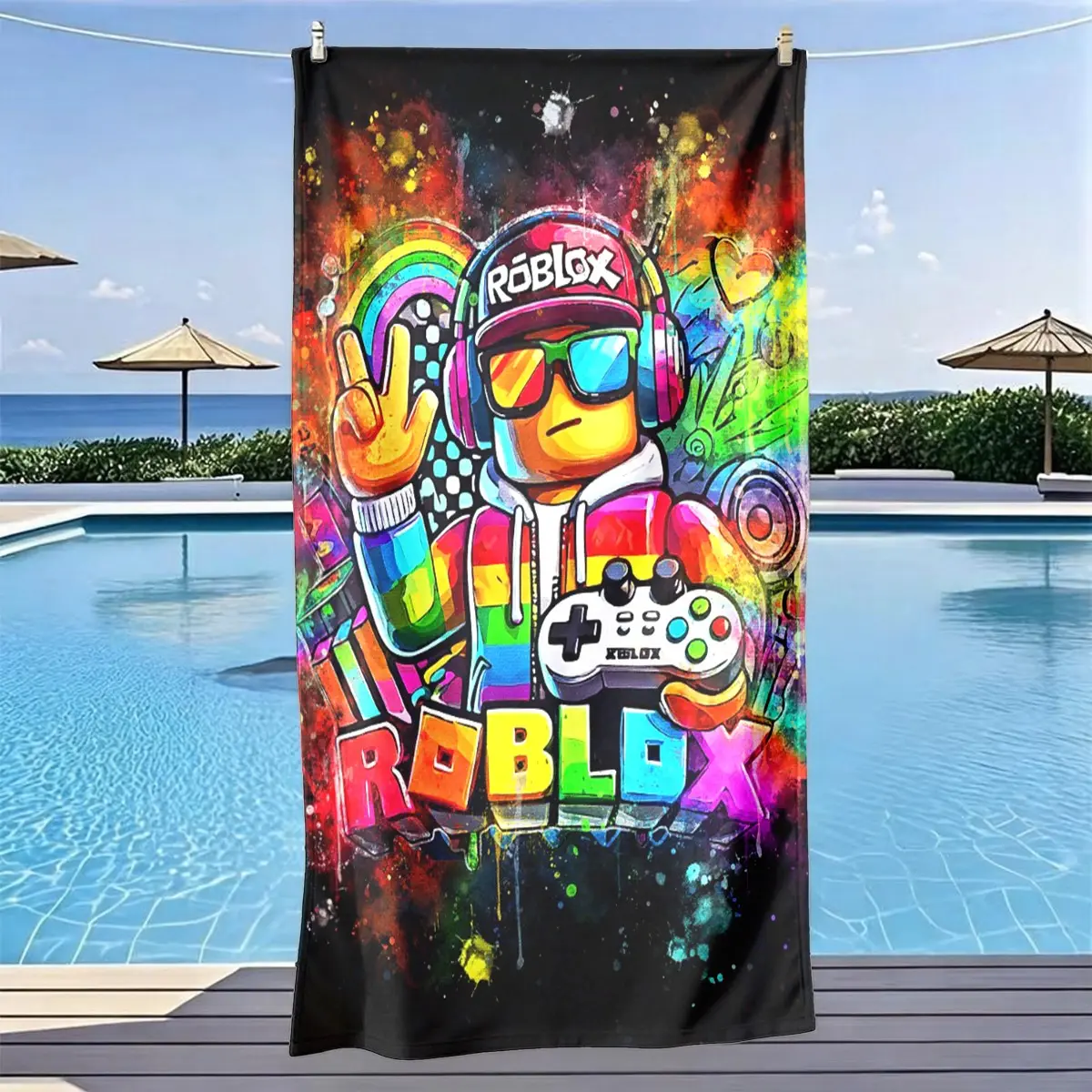 Roblox Graffiti Character Beach Towel, Practical Fun Quick-Dry Ultra-Soft Polyester Fiber, Multi-Purpose Yoga Travel Swimming Camping, Large Size, Multipurpose Towels Quick Dry Absorbent, Quick Drying Towel