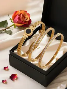 3pcs Light Luxury Elegant Stainless Steel Vintage Style Bracelet Set, Paired with Rose Gifts for Date Scenes
