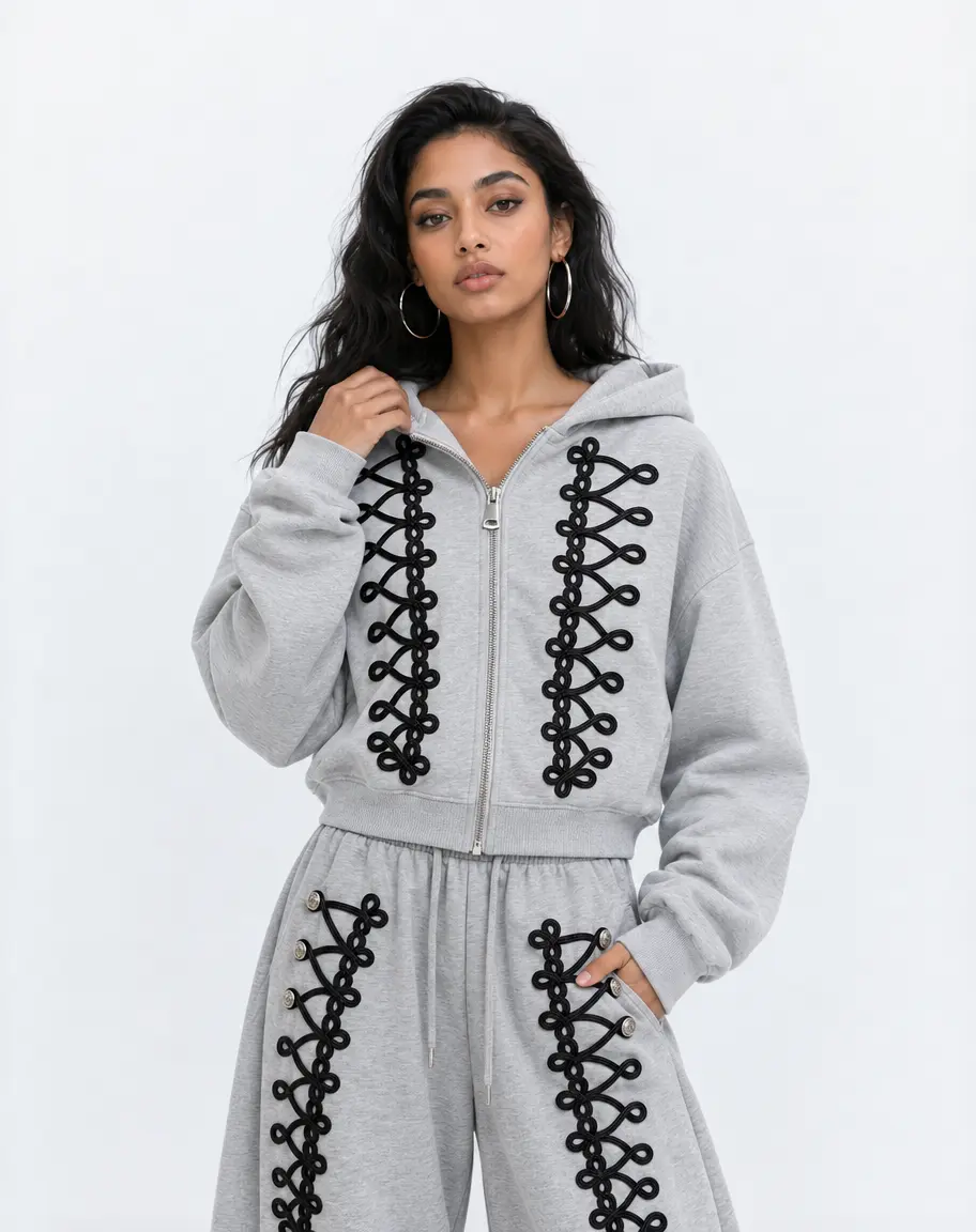 Aelfric Eden Men's 2-Piece Cotton Blend Streetwear Clothing Set - Long Sleeve Front Zipper Lace-Up Look Hoodie with Embroidery, Corset-Inspired Details, Handcrafted Chinese Knot; Baggy Barrel Regular Fit Sweatpants with Ribbed Hem (Unisex Option)