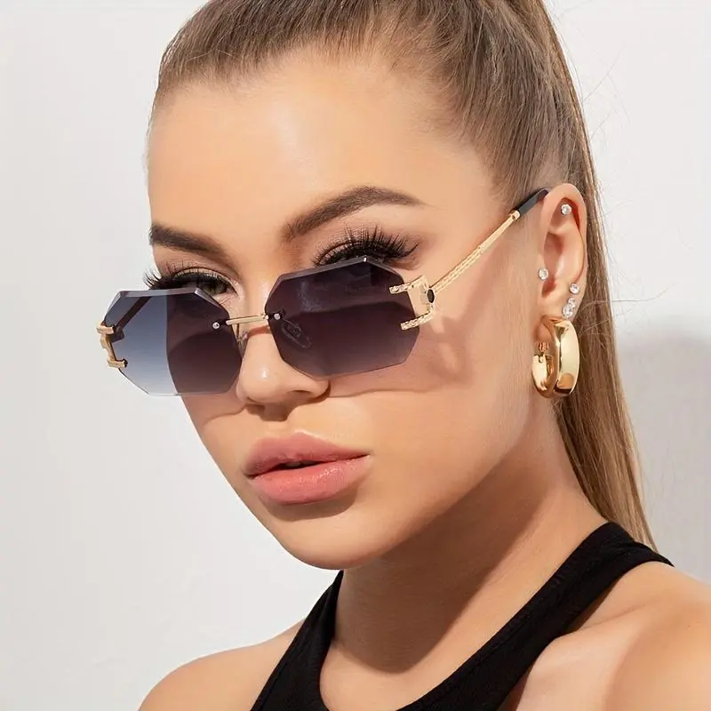 Black Rimless Geometric Sunglasses - Women Accessories Oversize Rimless Geometric Sunglasses Beveled Gradient Lens 70mm main image 4