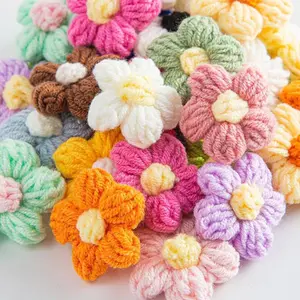 100Pcs Crochet Flowers Puff Flowers Knitted Yarn Flowers Handmade Crochet Flowers for Crafts Embellishments DIY Hair Headbands Hats Clothing Accessories