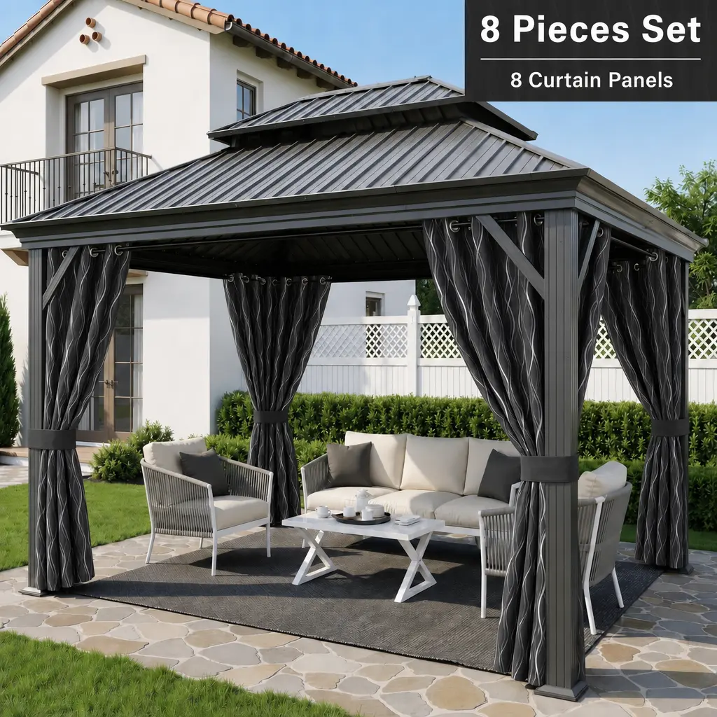 8 Pack Outdoor Waterproof Pergola Curtains ,Black Wave Printed Privacy Screen Panels Water Repellent Wind Blocking Gazebo Patio Backyard Outdoor Shade Curtains