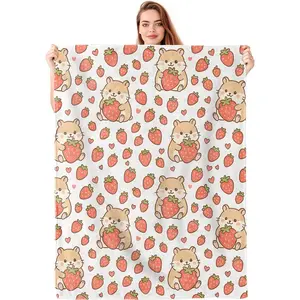 Cute Hamster and Strawberry Flannel Blanket Gifts for Kids Girls, Animal and Fruit Throw Blankets for Women Adults, Cozy Lightweight for Couch Bed Room Home Decor
