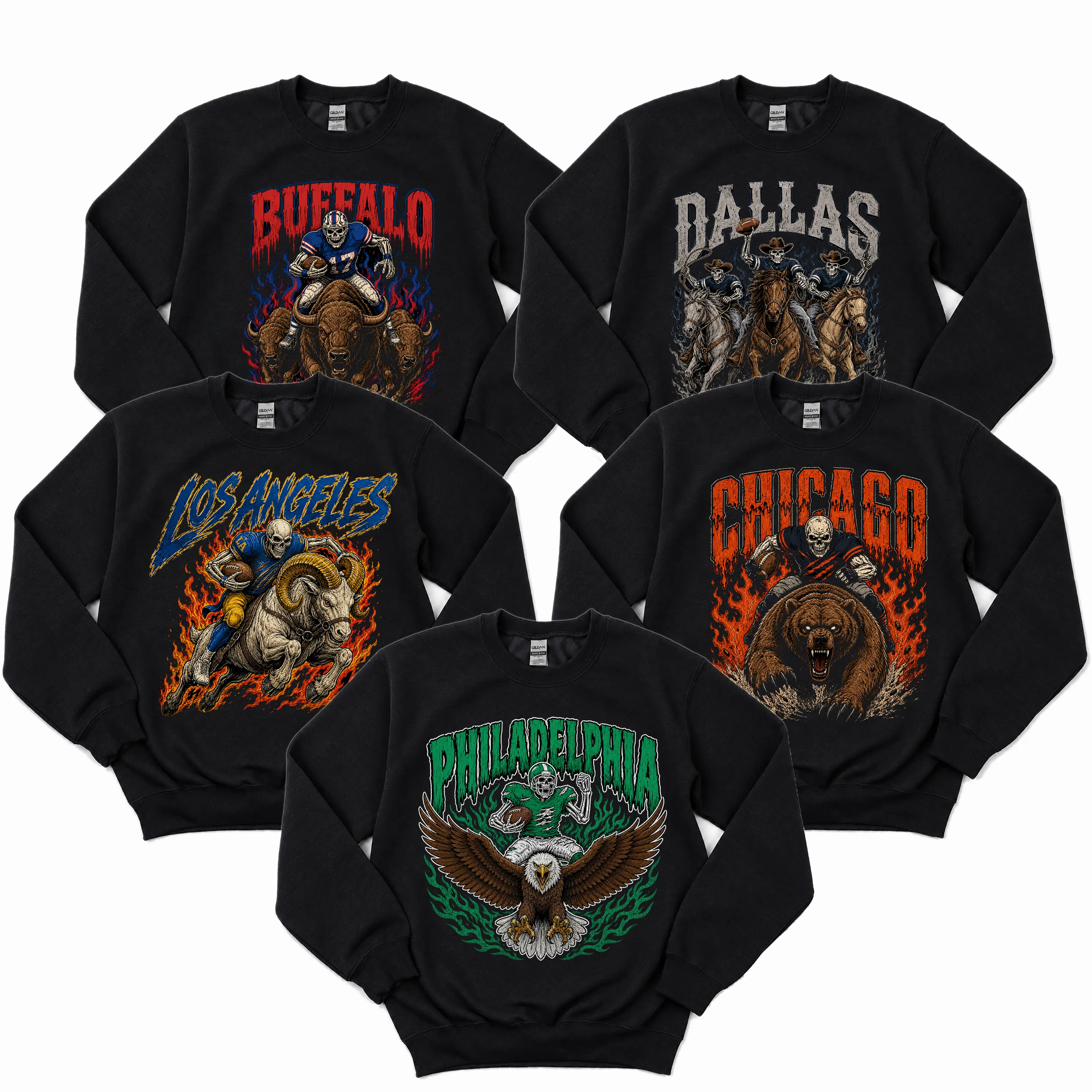 Vintage football skull sweatshirt featuring all 32 teams, classic 90s game-day style, perfect for tailgates, team pride and devoted football fans too