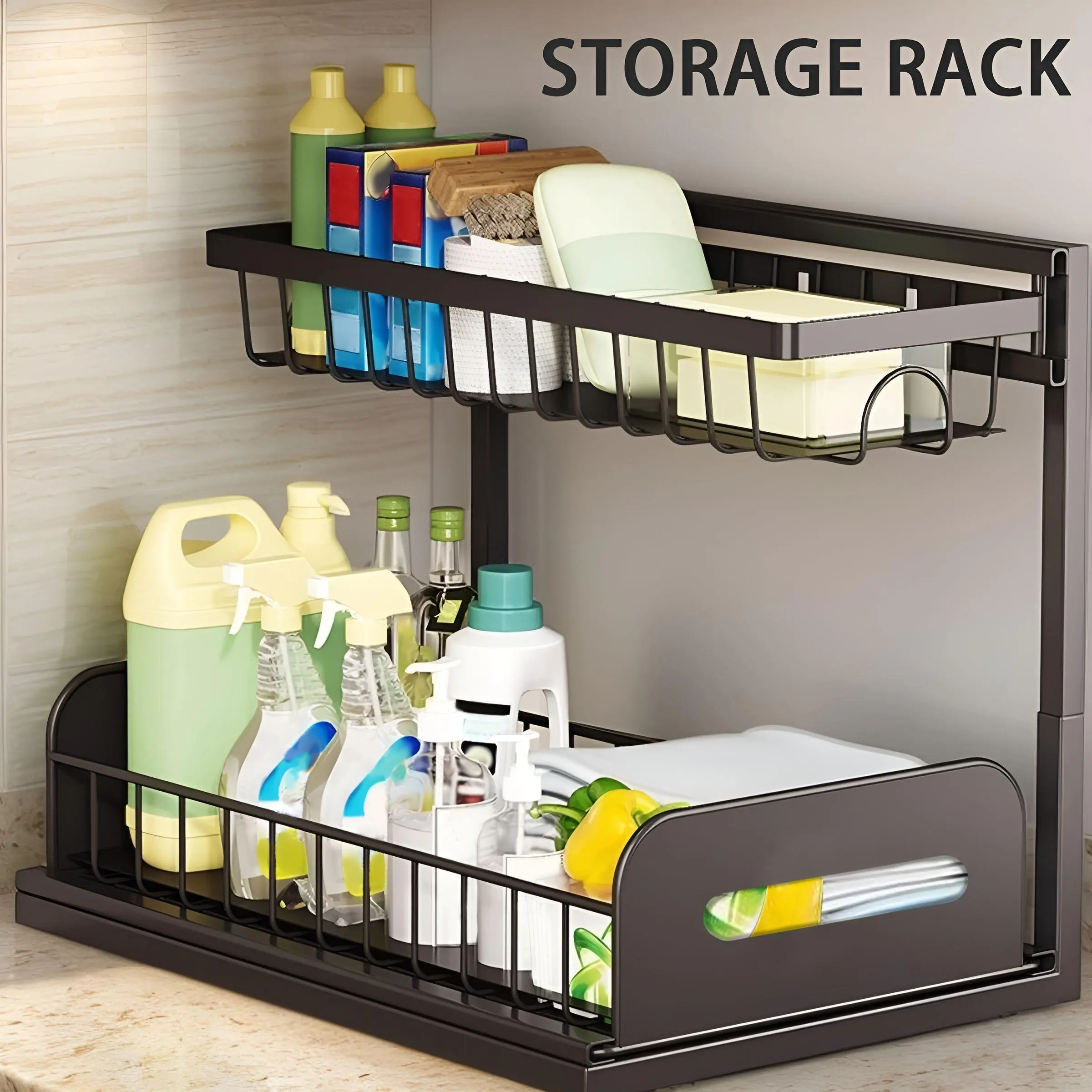 2-Tier Pull-Out Under Sink Storage Organizer - Metal Sliding Drawer Shelf, Space-Saving Bathroom Organizing Accessories for Kitchen, Pantry Cabinet Organization Needs, Shelves