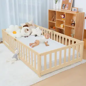 SLSY Twin Floor Bed for Kids-Twin Montessori Bed Frame with Wood Slats and Door and Slats【NO Mattress】, Wood Toddler Floor Beds for Girls and Boys