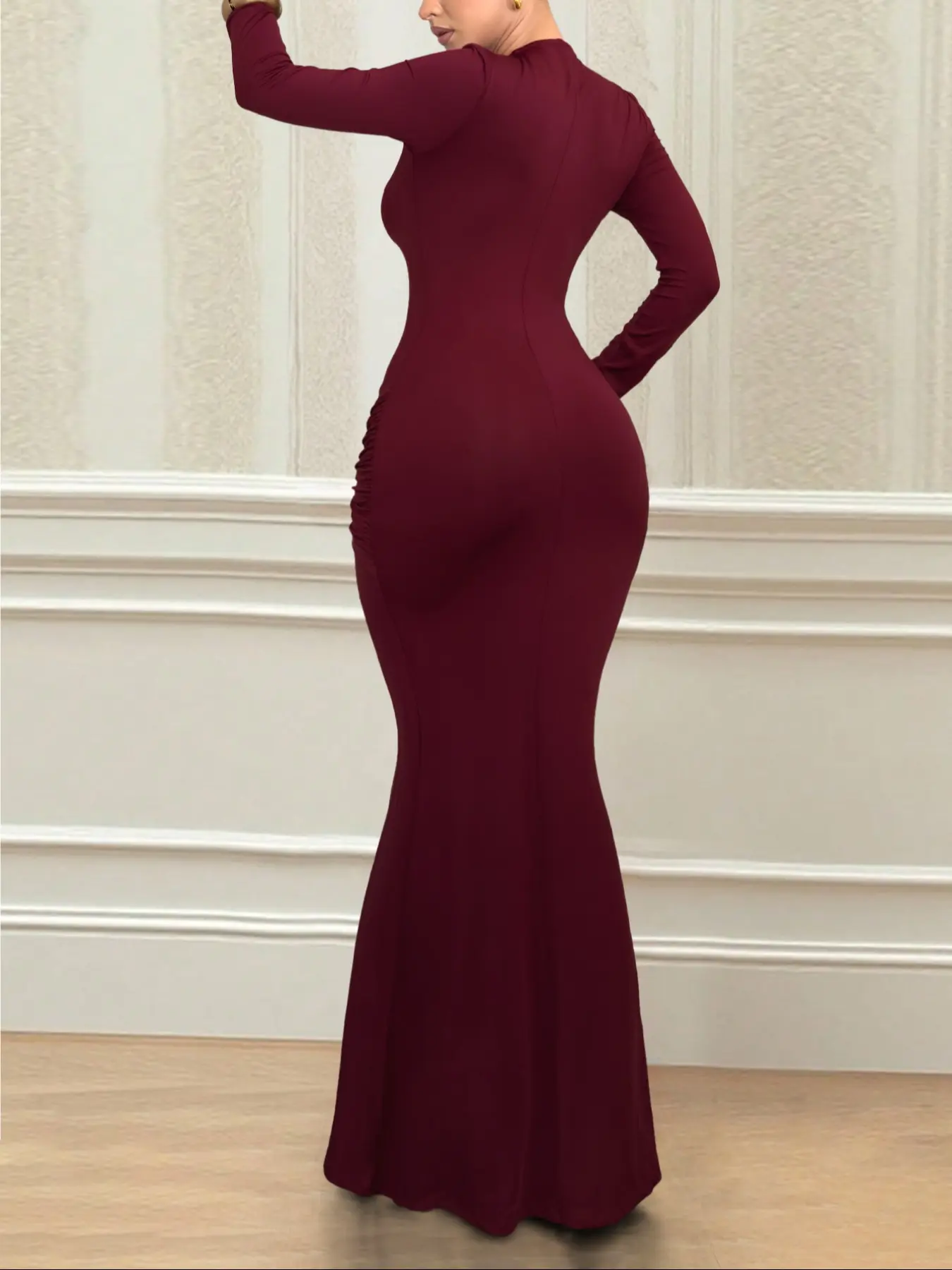 Women Burgundy Long Sleeve Maxi Dress Deep V Neck Ruched Bodycon Slim Fit Stretchy Soft Elegant Women Burgundy Long Sleeve Maxi Dress Deep V Neck Ruched Bodycon Slim Fit Stretchy Soft Elegant