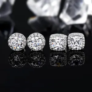 2 Pairs Round Square Earrings for Men Women Cubic Zirconia Stud Earrings Set for Women