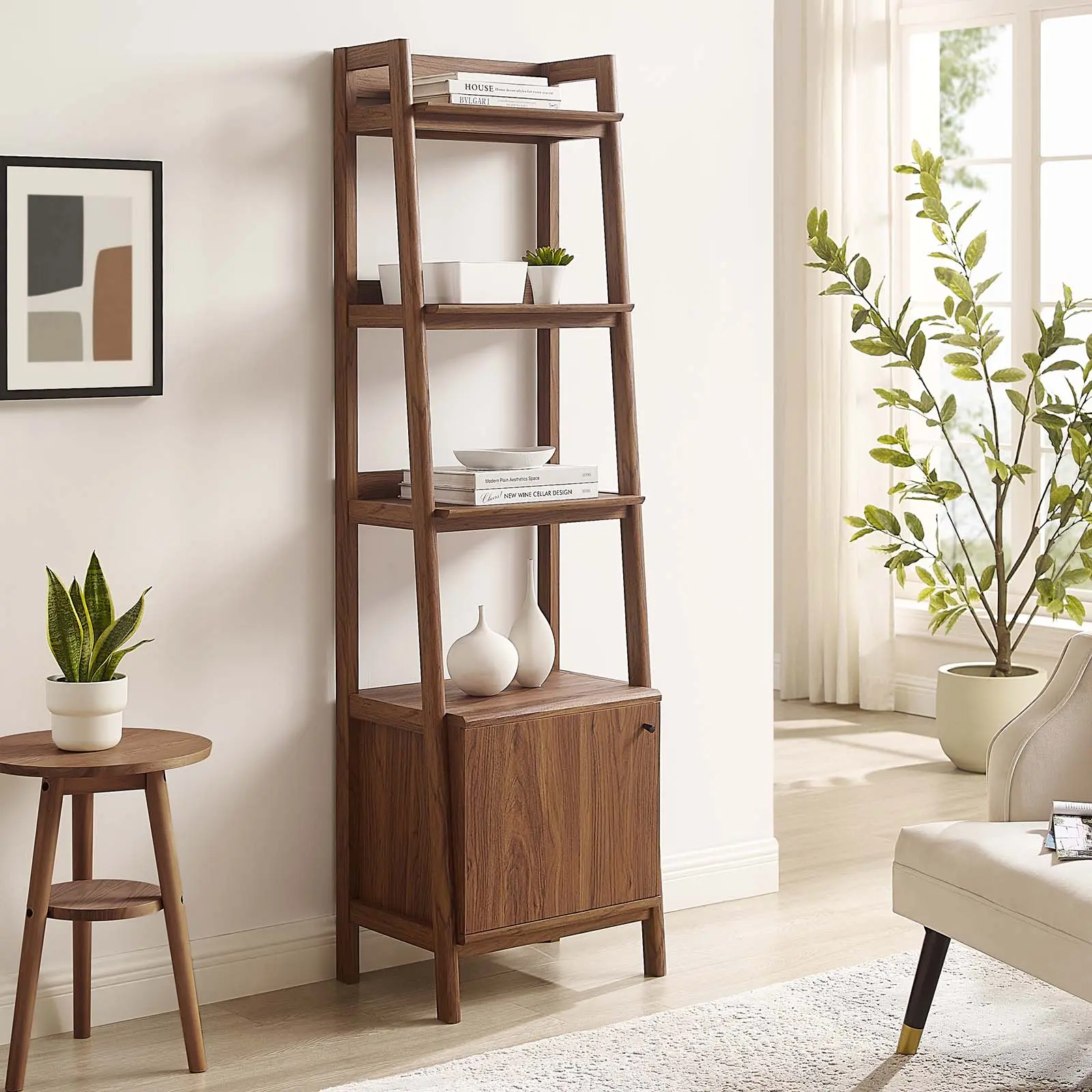 Modway Bixby 21" Slim Organic Tiered Bookshelf with Contrast Accents, Indoor Living Room Furniture Shelves & Racks, Walnut Finish