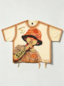 Cotton men's short sleeved T-shirt Y2K style cartoon little boy print short style unisex spray color hole breaking trendy brand loose fit T-shirt, summer short T-shirt fashion shirt short sleeved men's 2026 summer new street trendy brand casual short slee