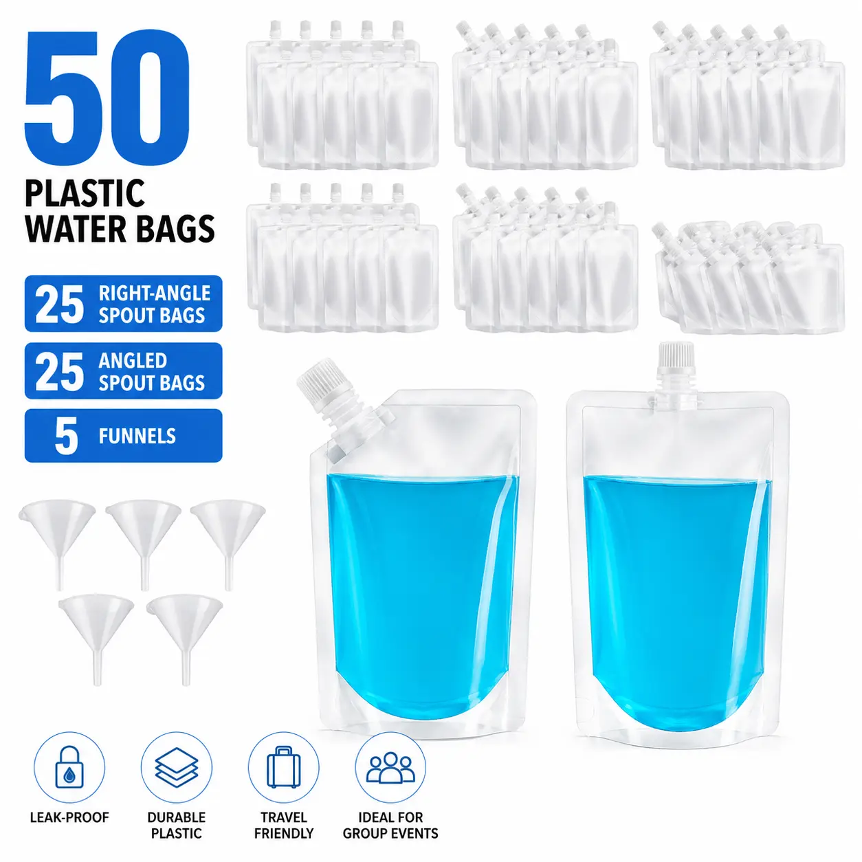 50 Hidden-Seam Plastic Water Bags – 25 Right-Angle + 25 Angled Spout, 5 Funnels, Leak-Proof Foldable Transparent Drink Pouches for Travel, Cruise, Holidays, Group Events