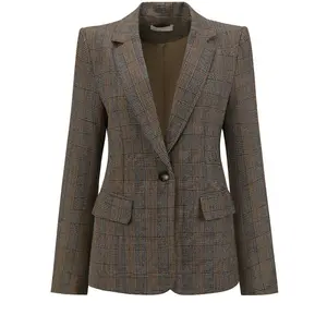 INSPIRE CHIC Women's Houndstooth Plaid Dressy Vintage Notched Collar Long Sleeve Semi Formal Suit Jacket XX-Large Brown