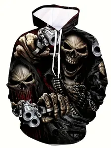 Men's Skull Pattern Gothic Hoodie, Casual Loose-Fitting Sweatshirt, Geometric Print, Fall & Winter Fashion, Sporty Style, Casual Sweatshirts