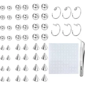 FINREZIO 316L Stainless Steel Fake Eyebrow Ring Fake Lip Labret Studs Replacement Balls Spike with 100Pcs Sticker Non-Piercing Nose Rings Hoop Body Jewelry Fake Skin Piercing 3MM 4MM 5MM Daily