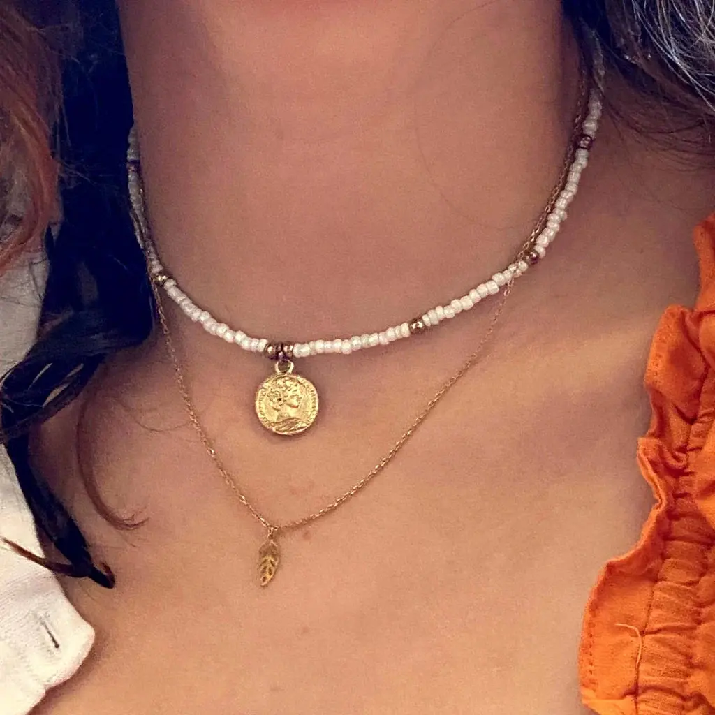 Baby Blue Glass Bead Choker with Brass Coin Pendant