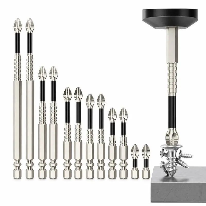 4/9PCS Magnetic  Driver Bit Set, S2 Steel Phillips Screwdriver Bits 25mm-150mm, 1/4 Inch Hex Shank Anti-Slip Power Bits for Drill and Electric Screwdriver Strong titanium alloy impact