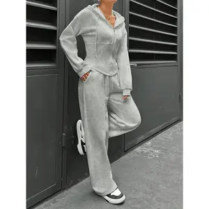 Women'S White Hooded Sweatshirt&Jogger Pants Set-Zip-Up Hoodie with Drawstring,and Sneakers-Casual Outfit Womenswear Clothes Suits Basic 2 piece sets