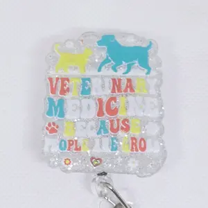 Veterinary Medicine Glitter Acrylic Retractable Badge ID Reel Belt for Veterinary Technicians - Funny Design for ID Badge Holders