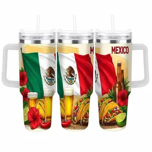 Mexican Fiesta Car Cup 40oz Colorful Flag Taco Beer and Hibiscus Print Vibrant Design Insulated Stainless Steel Spill Proof Travel Mug Ideal for Road Trips Parties Picnics Holiday Gifts Home Use