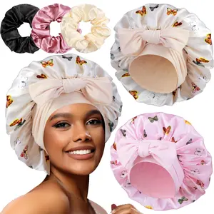 2+3 Large Satin Bonnets with Scrunchies for Women, Hair Bonnet Sleeping Tie Bonnet for Braids Curly Hair