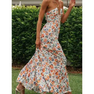 Women Long Dress, Elegant Sleeveless Tie-up Halterneck Floral Dress, Bridesmaids Can Wear, summer Party Swing Dress