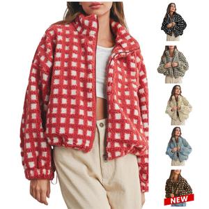UANEO Women’s Long Sleeve Cropped Sherpa Fleece Plaid Jacket Casual Chunky Teddy Fleece Outerwear