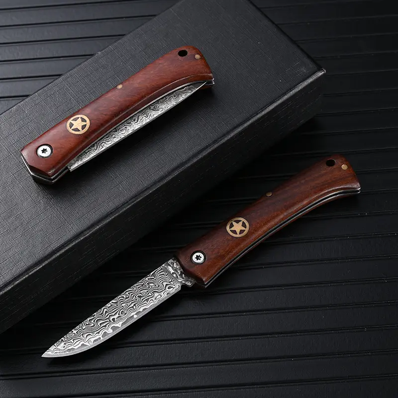 Retro Star Decor Kitchen Knife - Wood Grip, Foldable, Damascus Texture, Compact Outdoors Survival Carry Tool