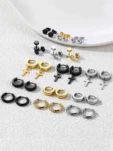 Punk Style Earrings Set, Stainless Steel Hoop Earrings & Stud Earrings & Cross Dangle Earrings for Women & Men, Fashion Jewelry for Party, Daily Decor, Exquisite Jewelry for Birthday Gift, Hoop Earring Sets