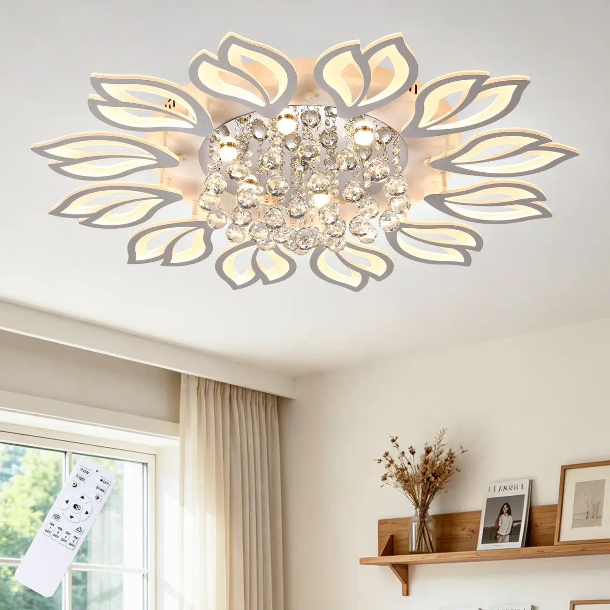 Garwarm Modern Ceiling Lamp, Dimmable LED Ceiling Light, 12-Head Flush Mount Flower Shape Chandelier with Remote, Acrylic Petal Lighting Fixture for Bedroom Kitchen Dining Living Room (55W,White)