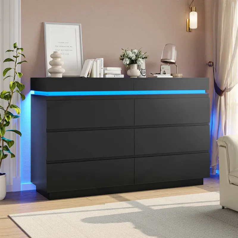 black dresser with led lights Sikaic 6 Drawers Black, Dresser for Bedroom Lights, Charging Station and Open Cubbies Drawer Dresser Sikaic 6-Drawer Dresser with Charging